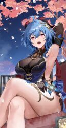 Rule 34 | 1girl, absurdres, ahoge, arm up, armpits, bare shoulders, bell, black dress, black gloves, blue dress, blue hair, blush, breasts, crossed legs, detached sleeves, dress, ganyu (genshin impact), ganyu (twilight blossom) (genshin impact), genshin impact, gloves, gradient dress, hair ornament, highres, horns, kikimi, large breasts, long hair, looking at viewer, neck bell, official alternate costume, official alternate hairstyle, open mouth, outdoors, petals, purple eyes, saliva, sideless dress, sidelocks, sitting, sleeveless, sleeveless dress, solo, sweat, thighs, tree, vision (genshin impact)