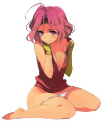 Rule 34 | 1girl, bad id, bad pixiv id, bare legs, barefoot, blush, breasts, cleavage, face, fingerless gloves, fire emblem, fire emblem: the sacred stones, full body, gloves, headband, highres, large breasts, looking at viewer, naso4, neimi (fire emblem), nintendo, no pants, panties, panty pull, pink eyes, pink hair, short hair, simple background, sitting, solo, tears, toes, underwear, undressing, wariza, wavy mouth, white background, white panties