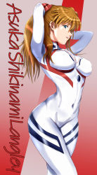Rule 34 | 1girl, arms behind head, arms up, blue eyes, bodysuit, breasts, brown hair, character name, covered navel, curvy, evangelion: 3.0+1.0 thrice upon a time, eyepatch, floating hair, from above, hair between eyes, hair ornament, hand in own hair, highres, interface headset, large breasts, lips, long hair, looking at viewer, neon genesis evangelion, pilot suit, plugsuit, rebuild of evangelion, riteral, simple background, skin tight, smile, solo, souryuu asuka langley, very long hair, white bodysuit, wide hips