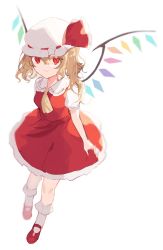 Rule 34 | 1girl, absurdres, ascot, breasts, brown hair, closed mouth, collar, collared shirt, crystal, dress, flandre scarlet, hair between eyes, hat, hat ribbon, highres, jewelry, light brown hair, looking at viewer, medium breasts, mob cap, multicolored wings, nemachi, one side up, puffy short sleeves, puffy sleeves, red dress, red eyes, red footwear, red ribbon, ribbon, shirt, shoes, short hair, short sleeves, simple background, smile, socks, solo, standing, touhou, white background, white hat, white shirt, white socks, wings, yellow ascot