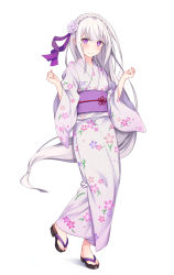 Rule 34 | 1girl, alternate costume, blunt bangs, blush, braid, closed mouth, crown braid, echiru39, emilia (re:zero), floating hair, floral print, flower, full body, hair flower, hair ornament, hair ribbon, highres, japanese clothes, kimono, long hair, long sleeves, looking at viewer, low-tied long hair, obi, pointy ears, print kimono, purple eyes, purple ribbon, re:zero kara hajimeru isekai seikatsu, ribbon, sandals, sash, shield, silver hair, simple background, solo, standing, standing on one leg, very long hair, white background, white flower, white kimono, wide sleeves, yukata