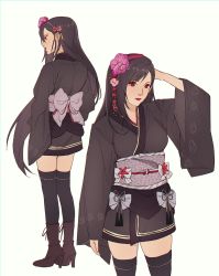 Rule 34 | 1girl, arm up, black hair, black thighhighs, eyeshadow, final fantasy, final fantasy vii, final fantasy vii remake, flower, hair flower, hair ornament, high heels, highres, japanese clothes, kimono, long hair, long sleeves, makeup, multiple views, official alternate costume, pudelmudel, red eyes, red eyeshadow, red lips, simple background, square enix, standing, thighhighs, tifa lockhart, tifa lockhart (exotic dress), wall market, zettai ryouiki