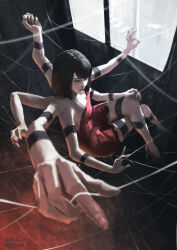 1girl 2024 absurdres armald0 black_eyes black_hair commentary crossed_legs dated dress extra_arms high_heels highres original red_dress red_footwear short_hair silk solo spider_web