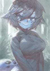 Rule 34 | 1girl, animal ears, black hair, black sweater, blue eyes, blue skin, borrowed character, breasts, colored skin, commentary, ears down, english commentary, highres, large breasts, long sleeves, looking at viewer, original, smile, smolder (kanel), solo, standing, sweater, tail, zakusi