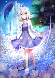 1girl absurdres bangle blue_eyes blue_sky blurry blurry_background blush book bracelet breasts building closed_mouth collarbone day depth_of_field dress female_focus flower hair_between_eyes highres jacket jewelry katana lace lace-trimmed_dress lace_trim long_hair long_sleeves looking_at_viewer nemophila_(flower) open_book open_clothes open_jacket original outdoors purple_dress purple_flower purple_footwear shibakame shoes sky skyscraper small_breasts solo standing sword tree weapon white_hair white_jacket