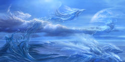 Rule 34 | blue theme, cloud, dragon, fantasy, highres, kazumasa uchio, long image, monochrome, moon, no humans, ocean, original, scenery, sky, uchio kazumasa, water, waves, wide image
