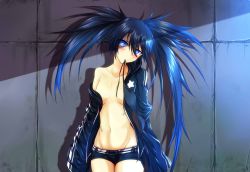 Rule 34 | 10s, 1girl, against wall, belt, black rock shooter, black rock shooter (character), blue eyes, blue hair, blush, breasts, coat, collarbone, desukingu, g (genesis1556), groin, hair between eyes, hands in opposite sleeves, head tilt, highres, jacket, long hair, long sleeves, looking at viewer, matching hair/eyes, midriff, mouth hold, navel, no bra, open clothes, ribbon, ribbon in mouth, scar, shadow, short shorts, shorts, small breasts, solo, star (symbol), stitches, striped clothes, striped jacket, tile wall, tiles, twintails, uneven twintails, very long hair