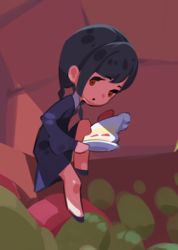 Rule 34 | 1girl, black hair, blue dress, blue footwear, cake, cake slice, chibi, cropped, donuttypd, dress, female focus, food, fruit, holding, holding plate, knee up, long hair, long sleeves, low twintails, lowres, on roof, open mouth, original, plant, plate, puffy long sleeves, puffy sleeves, red eyes, shoes, sidelocks, solo, strawberry, strawberry shortcake, twintails