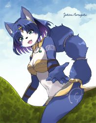 Rule 34 | 1girl, animal ears, animal nose, arm tattoo, armor, artist name, bandeau, blue sky, blush, breasts, choker, circlet, cleavage, cloud, collarbone, crystal, day, fang, female focus, fox ears, fox girl, fox tail, from side, furry, furry female, gem, gold, green eyes, hair intakes, happy, highres, jewelry, krystal, leg tattoo, light blush, looking at viewer, medium breasts, midriff, namagaki yukina, navel, necklace, nintendo, open mouth, outdoors, outstretched arm, reaching, reaching towards viewer, red gemstone, riding, shoulder armor, signature, sitting, sky, smile, solo, star fox, star fox adventures, stomach, tail, tail raised, tattoo, vambraces, yellow bandeau, yellow choker