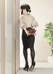 Rule 34 | 1girl, arms behind back, black footwear, black pantyhose, black skirt, blush, box, brown hair, commentary request, douki-chan (douki-chan), fingernails, from behind, ganbare douki-chan, gift, gift box, grey sweater, highres, holding, holding gift, indoors, long sleeves, pantyhose, pencil skirt, plant, shoes, short hair, sidelocks, skirt, solo, standing, sweater, valentine, yomu (sgt epper)