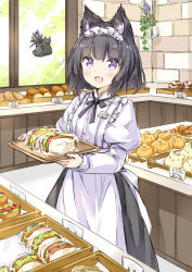 Rule 34 | 1girl, :d, animal ear fluff, animal ears, apron, bakery, black bow, black hair, black skirt, blush, bow, bread, brick wall, cat ears, commentary request, day, fang, food, frilled apron, frills, holding, holding tray, indoors, juliet sleeves, komugi (wataame27), long sleeves, looking at viewer, maid headdress, open mouth, original, puffy sleeves, purple eyes, sandwich, shirt, shop, skirt, smile, solo, tray, wataame27, white apron, white shirt, window