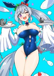 Rule 34 | 1girl, ;d, absurdres, animal ears, black choker, blue background, blue leotard, blush, bomb, breasts, choker, cleavage, commentary, cup, detached sleeves, explosive, grey hair, groin, gurajio, heart, highres, large breasts, leotard, long hair, looking at viewer, mononobe no futo, one eye closed, open mouth, plate, playboy bunny, ponytail, purple eyes, rabbit ears, simple background, smile, solo, teacup, teapot, teeth, touhou, upper teeth only, very long hair