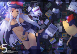 Rule 34 | 1girl, bandeau, bat wings, cat, controller, facial mark, famicom, game cartridge, game console, game controller, long hair, looking at viewer, lying, maou (oomune maou-sama), navel, nyanjirou, oomune maou-sama no hon, original, panties, parted lips, pointy ears, red eyes, super famicom, super nintendo, underwear, usatsuka eiji, white hair, wings