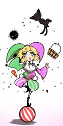 Rule 34 | 1girl, 221 (tsutsuichi), :3, alternate costume, ball, black footwear, blonde hair, blush, bucket, cat, commentary request, confetti, full body, green eyes, green pants, green shirt, hat, jester, jester cap, juggling, kaenbyou rin, kaenbyou rin (cat), looking up, mizuhashi parsee, multiple tails, nekomata, open mouth, pants, party popper, pink pants, pink shirt, pointy footwear, shirt, short hair, simple background, tail, touhou, two-tone pants, two-tone shirt, two tails, white background, wooden bucket