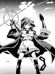 Rule 34 | 1girl, anchor, belt, breasts, cape, chain, cloud, crossed arms, diffraction spikes, from below, glint, greyscale, hat, jacket, jacket on shoulders, legs apart, medium breasts, messy hair, midriff, monochrome, murasa minamitsu, navel, outdoors, serious, shorts, solo, standing, tanasuke, touhou, sunken fossil world, v-shaped eyebrows