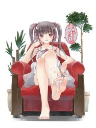Rule 34 | 1girl, artist request, barefoot, black eyes, black hair, chair, crossed legs, cum, cum on body, cum on lower body, feet, female focus, foot focus, full body, hair ornament, legs, plant, pov, simple background, sitting, soles, solo, source request, toes, translated, twintails, white background