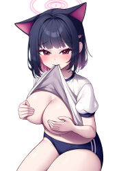 Rule 34 | 1girl, absurdres, animal ears, biting, biting clothes, black hair, blue archive, blush, breasts, buruma, cat ears, cleavage, clothes lift, covering nipples, covering privates, hair ornament, hairclip, halo, highres, kazusa (blue archive), large breasts, looking at viewer, metaljelly, multicolored hair, navel, pink hair, red eyes, short hair, simple background, solo, two-tone hair, white background