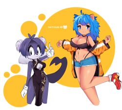 Rule 34 | 2girls, animal ears, arctichasmter, bikini, black dress, blue eyes, blue hair, breasts, china dress, chinese clothes, cleavage, cleavage cutout, clothing cutout, dress, floral print, furry, furry female, gloves, hair bun, hedgehog ears, hedgehog girl, highleg, highleg bikini, highres, jacket, long hair, looking at viewer, multiple girls, off shoulder, open clothes, open fly, open jacket, orange jacket, original, otter girl, otter tail, purple eyes, purple fur, shoes, short hair, short shorts, shorts, simple background, sleeveless, sleeveless dress, smile, sneakers, sonic (series), standing, swimsuit, tail, v, white gloves