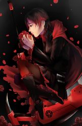 Rule 34 | 1girl, 2014, brown hair, cape, dated, flower, gothic lolita, highres, lolita fashion, multicolored hair, neverominin, petals, red hair, rose, rose petals, ruby rose, rwby, scythe, grey eyes, solo, weapon
