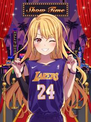 Rule 34 | 1girl, bang dream!, basketball jersey, blonde hair, blush, brown eyes, collarbone, earrings, english text, grin, hands up, highres, jewelry, kirigaya toko, kobe bryant, long hair, looking at viewer, los angeles lakers, nail polish, night, night sky, one eye closed, palm tree, parted bangs, purple shorts, purple wristband, red nails, shorts, sky, sleeveless, smile, snake earrings, solo, sparkle, stage curtains, tree, v-shaped eyebrows, very long hair, yazawa happyaro