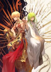 Rule 34 | 2boys, abs, androgynous, armor, boots, cape, chain, closed mouth, commentary request, enkidu (fate), enkidu (weapon) (fate), fate/grand order, fate (series), faulds, fist bump, gilgamesh (fate), greaves, green hair, grin, halberd, highres, knee up, lack, lance, long hair, long sleeves, looking at another, male focus, multiple boys, navel, polearm, red cape, red eyes, robe, topless male, sitting, smile, spear, tattoo, waist cape, weapon, yellow eyes