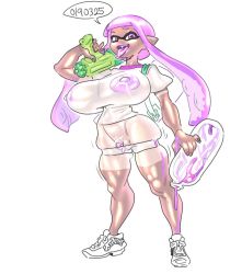 Rule 34 | breasts, clitoris, clothes pull, ink, inkling player character, large breasts, mungsaman, nintendo, nipples, pubic hair, pussy, see-through, shorts, shorts pull, splatoon (series), tan, tanline
