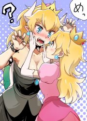 Rule 34 | 2girls, ?, black dress, black nails, blonde hair, blush, borrowed design, bowsette, bracelet, breasts, claw pose, cleavage, collar, collarbone, commentary request, dress, earrings, elbow gloves, gem, gloves, hand on another&#039;s cheek, hand on another&#039;s face, heart, horns, jewelry, large breasts, looking at another, looking up, mario (series), multiple girls, nail polish, new super mario bros. u deluxe, niina ryou, nintendo, pink dress, princess peach, puffy short sleeves, puffy sleeves, sharp teeth, shell, short sleeves, spiked bracelet, spiked collar, spiked shell, spikes, strapless, strapless dress, super crown, teeth, white gloves, yuri