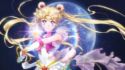 Rule 34 | 1girl, absurdres, bishoujo senshi sailor moon, breasts, choker, clenched hand, commentary, double bun, english commentary, floating hair, gloves, glowing, gold headband, hair bun, highres, holding, holding wand, lens flare, long hair, magical girl, medium breasts, moon, parted bangs, purple eyes, sailor collar, sailor moon, sailor senshi uniform, serious, sidney deng, skirt, solo, space, super sailor moon, tiara, torn clothes, tsukino usagi, twintails, very long hair, wand, white gloves, white skirt, yellow choker