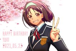 Rule 34 | 1girl, absurdres, black jacket, character name, cherry blossoms, dated, falling petals, hairband, happy birthday, highres, jacket, kea 3032, konno yuuki (sao), long sleeves, looking at viewer, petals, school uniform, short hair, smile, solo, sword art online, teeth, v, white background, white hairband