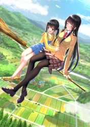 Rule 34 | 10s, 2girls, :d, ^ ^, arm at side, arm support, black footwear, black hair, blue sky, blunt bangs, blush, breasts, broom, broom riding, building, cardigan, closed eyes, closed mouth, cloud, collarbone, collared shirt, day, dutch angle, eyebrows, flying, flying witch, hair bobbles, hair ornament, hand on another&#039;s shoulder, highres, holding, house, kowata makoto, kuramoto chinatsu, large breasts, loafers, long hair, long sleeves, looking down, miniskirt, mountain, multiple girls, multiple riders, necktie, open mouth, outdoors, overalls, pantyhose, plaid, plaid skirt, pleated skirt, red necktie, rice paddy, school uniform, shirt, shoes, sidesaddle, skirt, sky, smile, swordsouls, tree, twintails, village, white shirt, yellow footwear, yellow shirt