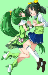 Rule 34 | 10s, 2girls, :d, bike shorts, blue skirt, boots, cure march, dress, dual persona, eyelashes, green background, green dress, green eyes, green hair, green legwear, green shirt, green shorts, green skirt, green theme, hair ornament, hair ribbon, happy, high heel boots, high heels, kneehighs, long hair, looking at viewer, magical girl, midorikawa nao, multiple girls, necktie, open mouth, ponytail, precure, ribbon, shirt, shoes, shorts, shorts under skirt, skirt, sleeves rolled up, smile, smile precure!, socks, tri tails, very long hair, white legwear, wrist cuffs, yone