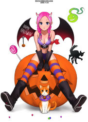 Rule 34 | 00s, 1girl, 2006, black footwear, black gloves, boots, braid, breasts, cat, cleavage, demon girl, full body, gloves, hair over shoulder, halloween, happy halloween, horns, jack-o&#039;-lantern, medium breasts, multicolored clothes, multicolored legwear, original, pumpkin, ryu (ryu&#039;s form site), solo, striped clothes, striped thighhighs, thighhighs, twin braids, twintails, white background, wings