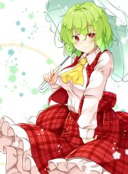 Rule 34 | 1girl, aka tawashi, ascot, blush, breasts, commentary request, cowboy shot, green hair, green umbrella, hair between eyes, highres, holding, holding umbrella, kazami yuuka, large breasts, long sleeves, looking at viewer, petticoat, plaid, plaid skirt, plaid vest, red eyes, red skirt, red vest, short hair, skirt, skirt set, smile, solo, standing, touhou, umbrella, vest, white background, yellow ascot