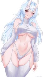 Rule 34 | 1girl, absurdres, anastasia white, angelstrangeart, breasts, highres, large breasts, long hair, meme attire, midriff, navel, pink eyes, solo, thigh gap, thighhighs, virgin destroyer sweater, virtual youtuber, white hair