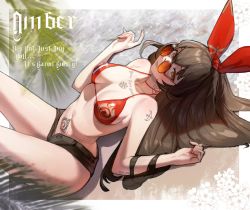 Rule 34 | 1girl, amber (genshin impact), arm tattoo, beach, bikini, bikini top only, black shorts, bow, bow hairband, breasts, brown-tinted eyewear, brown eyes, brown hair, character name, chest tattoo, commentary, english commentary, english text, genshin impact, hairband, highres, hymin, legs up, long hair, looking at viewer, looking up, lying, medium breasts, narrow waist, navel, ocean, on back, open fly, postcard, red bow, round eyewear, short shorts, shorts, shoulder tattoo, solo, stomach tattoo, sunglasses, tattoo, tinted eyewear, w arms, water