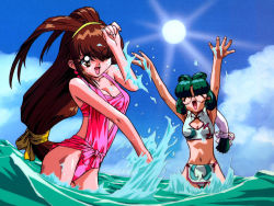 Rule 34 | 1990s (style), 2girls, antenna hair, aqua hair, arms up, battle athletes, blocking, breasts, brown eyes, brown hair, chinese clothes, cleavage cutout, clothing cutout, day, closed eyes, hair over one eye, hairband, hand to head, kanzaki akari, long hair, low-tied long hair, medium breasts, multiple girls, navel, non-web source, official art, open mouth, outdoors, pink one-piece swimsuit, retro artstyle, rimless eyewear, round eyewear, splashing, sun, swimsuit, wading, water, wong lio-pha