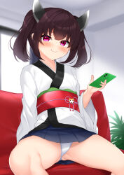 Rule 34 | 1girl, black hair, blue skirt, cellphone, closed mouth, commentary request, daichi (tokoya), headgear, highres, holding, holding phone, indoors, japanese clothes, kimono, looking at viewer, panties, pantyshot, phone, plant, red eyes, sash, short hair, sitting, skirt, smile, solo, touhoku kiritan, underwear, voiceroid, white kimono, white panties