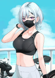 Rule 34 | 1girl, absurdres, bicycle, black bra, black mask, bra, breasts, cloud, collarbone, commentary, duplicate, english text, hair behind ear, hair ornament, hairclip, hand in own hair, high-waist pants, highres, looking at viewer, medium breasts, midriff, mole, mole on breast, multicolored hair, navel, nonbire, ocean, original, outdoors, panties, pants, pink panties, pixel-perfect duplicate, purple eyes, sky, solo, sports bra, streaked hair, tight clothes, tight pants, two-tone hair, underwear, upper body, white hair, white pants