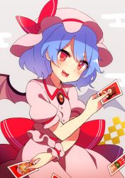 Rule 34 | &gt;:), 1girl, 60mai, :d, bat wings, blue hair, blush, bow, brooch, commentary request, cowboy shot, dress, fang, flandre scarlet, grey background, hakurei reimu, hat, hat bow, head tilt, holding, holding photo, hong meiling, jewelry, knife, looking at viewer, mob cap, open mouth, photo (object), pink dress, pink hat, puffy short sleeves, puffy sleeves, red bow, red eyes, red sash, remilia scarlet, sash, short hair, short sleeves, simple background, smile, solo, touhou, v-shaped eyebrows, wings, wrist cuffs
