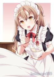 Rule 34 | 1girl, alternate costume, apron, black dress, blush, border, bowl, braid, brown eyes, dress, enmaided, food, hair between eyes, highres, holding, holding bowl, holding spoon, kantai collection, kukimaru, light brown hair, long hair, maid, maid headdress, open mouth, puffy short sleeves, puffy sleeves, short sleeves, solo, spoon, teeth, twitter username, upper teeth only, white apron, white border, zara (kancolle)