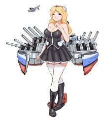 Rule 34 | 1girl, absurdres, bad id, bad pixiv id, bare shoulders, black dress, blonde hair, blue eyes, boots, breasts, cleavage, cross-laced footwear, crossed legs, dress, earrings, full body, highres, jewelry, kantai collection, lace-up boots, large breasts, long hair, looking back, one eye closed, original, rigging, smile, solo, stacking mann, star (symbol), star earrings, thighhighs, transparent background, uss alabama (bb-60), vought os2u kingfisher, white thighhighs