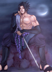 Rule 34 | 1boy, black hair, jun jun, male focus, moon, naruto, naruto (series), outdoors, topless male, sky, solo, uchiha sasuke