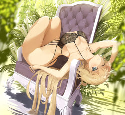 Rule 34 | 1girl, ahoge, arched back, arm up, armchair, bikini, blonde hair, blue eyes, blurry, blush, breasts, chair, cleavage, collarbone, depth of field, dutch angle, fate/grand order, fate (series), hand in own hair, highres, jeanne d&#039;arc (fate), jeanne d&#039;arc (ruler) (fate), large breasts, lingerie, long hair, looking at viewer, lying, on back, one eye closed, parted lips, solo, sweat, swimsuit, thong bikini, throtem, underwear, underwear only, very long hair, water