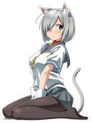 Rule 34 | 10s, 1girl, animal ears, black pantyhose, blue eyes, blush, breasts, cat ears, cat tail, commentary request, full body, gloves, hair ornament, hair over one eye, hamakaze (kancolle), kantai collection, large breasts, loliconder, pantyhose, pleated skirt, school uniform, serafuku, short hair, silver hair, simple background, sitting, skirt, solo, tail, wariza, white background, white gloves