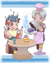 Rule 34 | 2boys, :q, ancient greek clothes, apron, astraea f, black hair, black sclera, blush stickers, bug, butterfly, chalice, chef hat, chibi, closed eyes, colored sclera, commentary, cup, fork, greco-roman clothes, green eyes, hades (series), hades 1, hat, heart, heterochromia, insect, knife, laurel crown, male focus, mismatched sclera, multiple boys, plate, red eyes, silver hair, sitting, smile, table, thanatos (hades), tongue, tongue out, zagreus (hades)