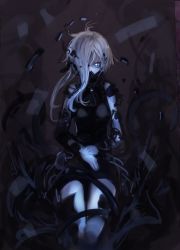 Rule 34 | 10s, 1girl, abyssal ship, black dress, covered mouth, dress, glowing, glowing eye, hair over one eye, highres, kantai collection, long hair, looking at viewer, ne-class heavy cruiser, pale skin, short dress, solo, sumisu (mondo), white hair