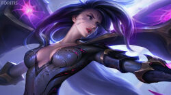 Rule 34 | 1girl, armor, artist name, artstation username, attack, blurry, blurry background, bodysuit, breasts, cleavage, close-up, collarbone, detached wings, facial mark, facial tattoo, fighting, fighting stance, floating hair, forehead mark, forehead tattoo, foritis wang, highres, kai&#039;sa, league of legends, light, long hair, looking to the side, magic, medium breasts, multicolored bodysuit, multicolored clothes, outdoors, outstretched arms, parted lips, plunging neckline, purple bodysuit, purple eyes, purple hair, red lips, serious, shoulder armor, skin tight, solo, tattoo, underground, upper body, weapon, whisker markings, wings