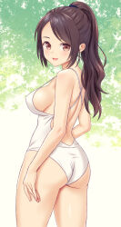 Rule 34 | 1girl, ass, breasts, brown eyes, brown hair, female focus, from behind, highres, looking at viewer, medium breasts, n.g., one-piece swimsuit, open mouth, original, ponytail, sideboob, solo, swimsuit, wedgie, white one-piece swimsuit