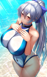 Rule 34 | 1girl, absurdres, beach, blue bow, blue one-piece swimsuit, bow, breasts, closed mouth, competition swimsuit, fate/grand order, fate (series), hair between eyes, hair bow, hands on own chest, highleg, highleg swimsuit, highres, large breasts, long hair, looking at viewer, one-piece swimsuit, ponytail, red eyes, shore, silver hair, solo, swimsuit, thighs, tiri man, tomoe gozen (fate), tomoe gozen (swimsuit saber) (fate), tomoe gozen (swimsuit saber) (first ascension) (fate), two-tone swimsuit, white one-piece swimsuit