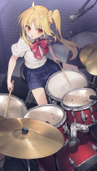 Rule 34 | 1girl, ahoge, blonde hair, blue skirt, blush, bocchi the rock!, bow, bowtie, checkered floor, collared shirt, cymbals, drum, drum set, drumsticks, from above, hair ornament, hair scrunchie, highres, holding, holding drumsticks, ijichi nijika, instrument, kaito (k4itoh), long hair, microphone, miniskirt, music, open mouth, parted bangs, playing instrument, pleated skirt, red bow, red bowtie, red eyes, revision, school uniform, scrunchie, shimokitazawa high school uniform, shirt, shirt tucked in, short sleeves, side ponytail, sidelocks, sitting, skirt, solo, thighs, white shirt, yellow scrunchie